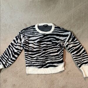 Express Black & White Zebra-Print Fuzzy Crewneck Sweater
